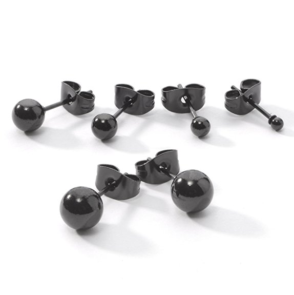 5 Pairs Black Enamel Ip Plated Stainless Steel Round Ball Stud Earrings Set, Includes 2mm 3mm 4mm 5mm 6mm