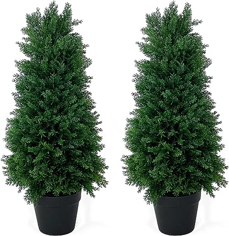 Silk Tree Warehouse Artificial UV Rated 30/ inch Cedar Cypress Cone Topiary Indoor Outdoor Tree with Pot - Bush Ball Plant Evergreen Pine (2 Pack) Christmas Holiday Seasonal LLC100392Y
