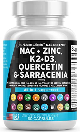 NAC Supplement N-Acetyl Cysteine 1000mg Vitamin D3 K2 Zinc Quercetin 1000mg Sarracenia Purpurea 1000mg with Elderberry Holy Basil Bee Propolis Bromelain L-Lysine Made in USA - 60 Count