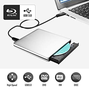 4K Blu Ray Drive, TopElek USB3.0 External Hard CD/DVD Burner/Writer, 3D 6X Blu-Ray Disc Playback, Slim & Super-Fast for Windows, Mac OS Laptop, PC, Computer, Silvery