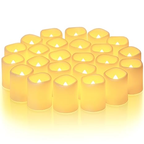 Homemory 24Pack Flickering Flameless Votive Candles, 200 Hour Long Lasting Electric Fake Candles, Battery Operated LED Tealight for Wedding, Outdoor (Warm White, Battery Included)