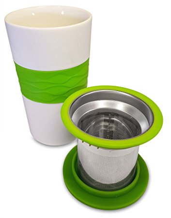 Premium Tea Infuser And Mug Set, Brew-In-Mug Stainless Steel Tea Strainer, Ceramic Mug with Silicone Lid, Perfect for Steeping Loose Leaf Tea (Green)