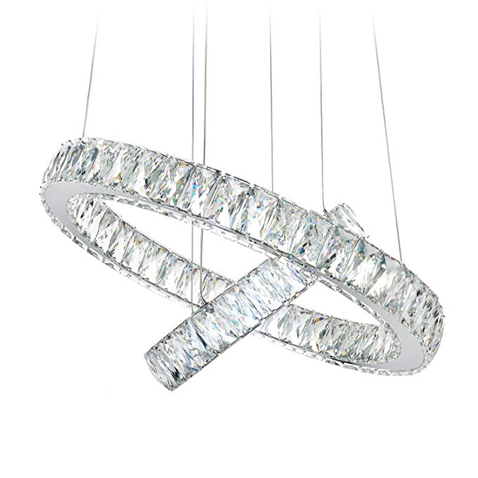 MEEROSEE MD2226-53MN Modern Crystal Ceiling Fixture LED Contemporary Adjustable Stainless Steel 2 Rings Lights Chandelier, Big Cool White 2r