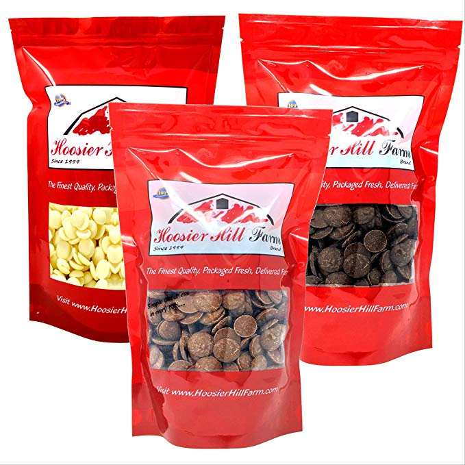 Milk, Dark & White Belgian Chocolate Chips (3 x 1 Kilogram Bundle) Professional Couverture for Fountain Fondue Melting Baking