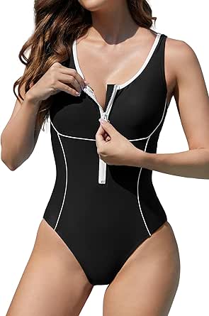 SHEKINI Women Front Zipper One Piece Swimsuit Sports Athletic Swimwear Bathing Suits