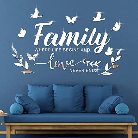 3D Acrylic Mirror Wall Decal Stickers Family Letter Quotes Acrylic Mirror Decor Removable Wall Art Decals DIY Motivational Butterfly Mural Stickers for Office Home Dorm Decor (Silver)