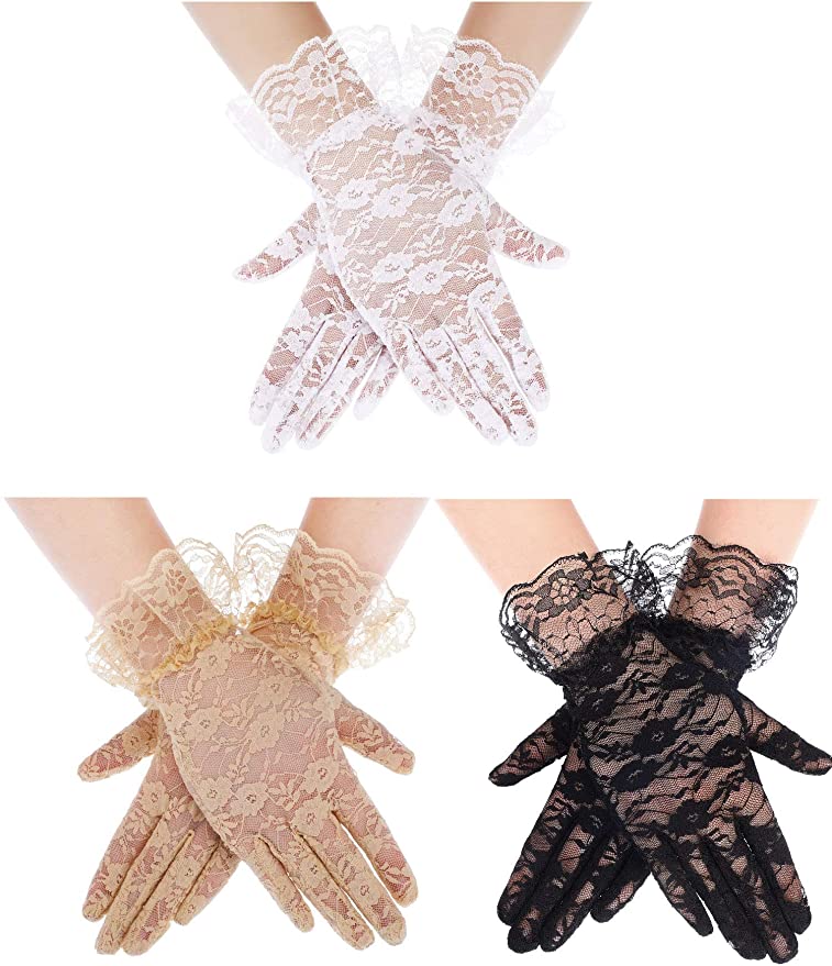 3 Pairs Women Lace Gloves Floral Lace Gloves Sun Protection Lace Gloves Dressy Gloves for Wedding Dinner Parties (Cute Style)