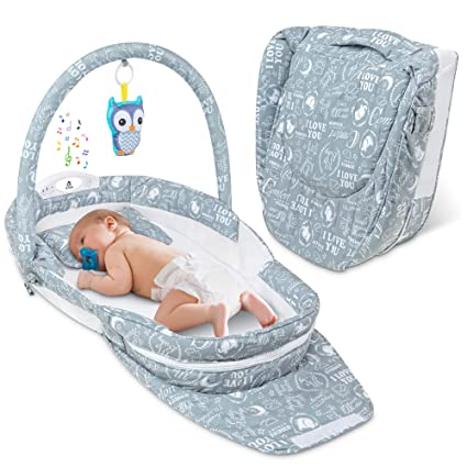 Lil’ Jumbl Snuggle Nest Bed, Foldable Baby Travel Bassinet Sleeper, Hanging Toy, Built-in Night Light, Music Player, Pillow, Matters & Carry Handle Included, Comfortable Portable Washable Baby Lounger