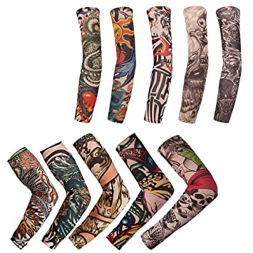 YOLOPLUS  10 Pcs Set Arts Fake Temporary Tattoo Arm Sleeves Arts Fake Slip on Arm Sunscreen Sleeves Protector, Designs Tribal, Tiger, Dragon, Skull, and Etc Unisex Stretchable Cosplay Accessories