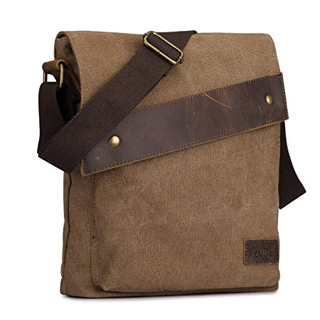 S-ZONE Men Crazy Horse Leather Students Vintage Canvas Bag Single Shoulder Multi-Function Business Messenger Retro Leisure Travel Bag Briefcase Laptop Fit for ipad Satchel Bag（Coffee）