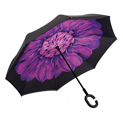 Double Layer Inverted Umbrella Cars Reverse Umbrella, Elover Windproof UV Protection Big Straight Umbrella for Car Rain Outdoor With C-Shaped Handle and Carrying Bag