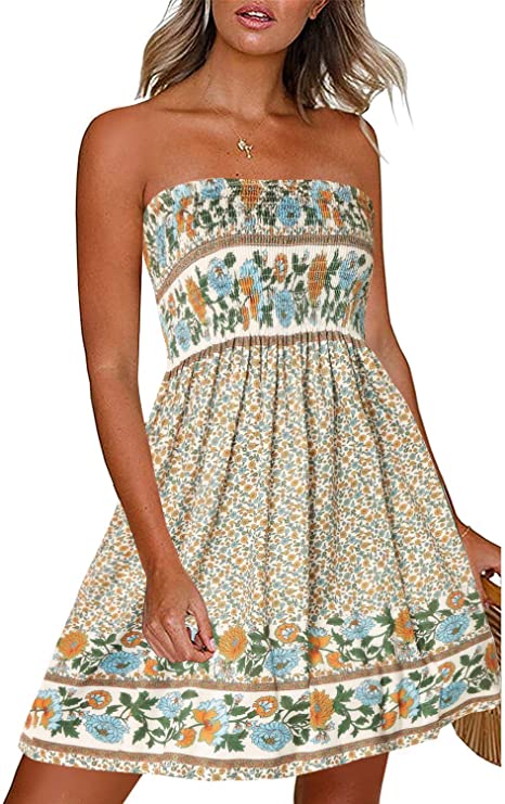 CHICGAL Summer Dresses for Women Beach Cover Ups Strapless Boho Floral Print Sundress