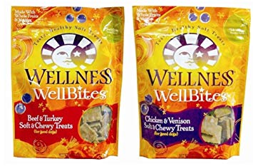 Wellness WellBites Soft & Chewy Treats For Good Dogs 2 Flavor Variety Bundle: (1) Wellness WellBites Beef & Turkey Recipe Soft & Chewy Treats, and (1) Wellness WellBites Chicken & Venison Soft & Chewy Treats, 8 Oz. Ea. (2 Bags Total)