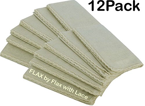 Set of 12, Flax By Flax(30%Linen,70% Cotton) with Linen Look Rustic Designer Premium Dinner Napkins with Lace 20x20, Natural Color by Linen Clubs - Premium Linen Look
