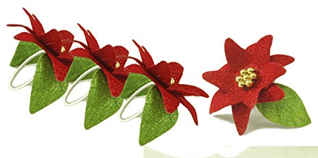 Poinsettia Glitter Red & Green Decorative Napkin Rings - Set of 4