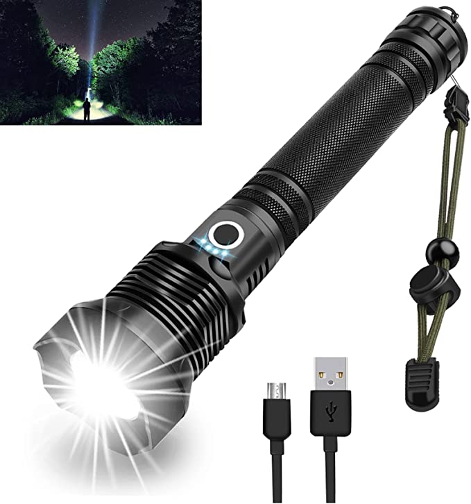 Rechargeable LED Flashlight High Lumen,92000 Lumen Super Bright Tactical Flashlight, 3 Modes Waterproof Zoomable Xhp70 Flashlight, Powerful Flashlight for Camping, Hunting, Hiking