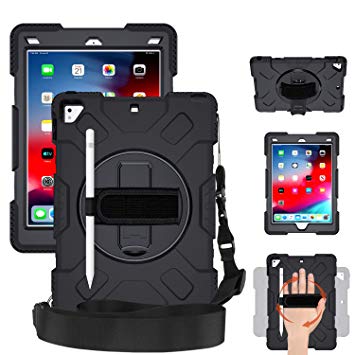 SUPFIVES STOCK iPad 9.7 Case, Heavy Duty Protective 360 Rotatable Stand Adjustable Shoulder Strap Shockproof Case with Pencil Holder & Hand Strap for iPad 9.7 6th/5th Generation air 2 pro 9.7 (Black)