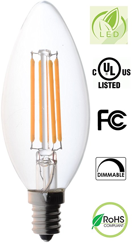 Bioluz LED Dimmable 60W Candelabra Bulbs, Filament Clear 60 Watt LED Bulbs (Uses only 4.5 watts), E12 Base, C37 High Efficiency, 360° LED Candle Bulbs