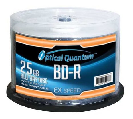Optical Quantum OQBDR06WIP-H-50 6X 25GB BD-R White Inkjet Printable Single Layer Blu-Ray Recordable Media 50-Disc Spindle