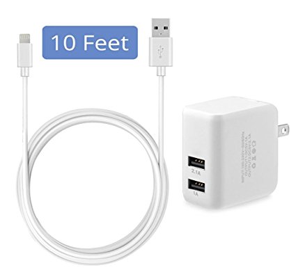 Uker 2-Port 3.1A 15W Wall Charger With Certified 10 Feet / 3 Meter Lightning to USB Cable