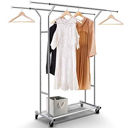 Clothing Garment Rack, Double Rail Heavy Duty Capacity 200 lbs Commercial Grade with Wheels and Lower Storage Shelf, Extendable (Maximum 64.5"Length), Chrome,by Simple Trending