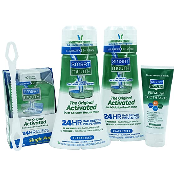 SmartMouth Original Activated Breath Rinse 1-Month Supply Kit with Toothpaste, Single Packs and Tongue Cleaner