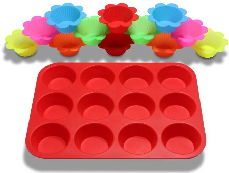 12 Cup Baking Pan & Reusable Silicone Baking Cups (12-Pack) - Muffin Tin, Cornbread Pan, Cupcake Pan, or Cupcake Liners - Nonstick, Flexible, & Easy to Clean - Freezer, Oven, & Dishwasher Safe