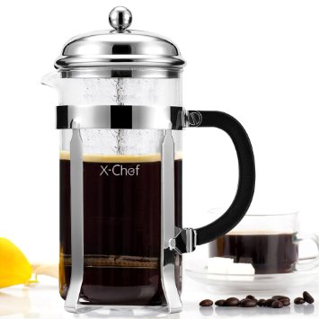French Press X-Chef 1000ml Heat Resistant Glass Coffee Press Tea Maker Pot with Stainless Steel Holder Cozy and Funny for Coffee Lovers - 8 Cup4 Mug 1 Liter 34 oz Chrome