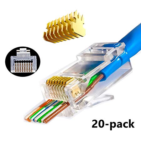 RJ45 Cat5 Cat6 Connector Gold Plated 8P8C Pass Through End（20Packs）