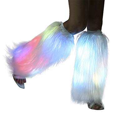 Light Up Faux Fur Led Leg Warmer Glow Rave white Fluffies Rainbow Flashing Sparkly Dance Hosiery Festival