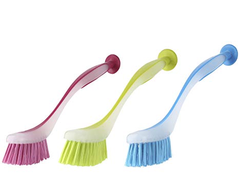 Dish Brush with Suction Cup by Spogears, The Dishwashing Brushes Set Includes 3 Kitchen Scrub Brush 3 Assorted Colors, Long & Grip Friendly Handle, Soft bristles, Scrubbing Dish Brush (3)