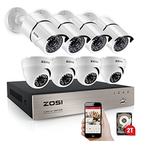 ZOSI 8-Channel FULL 1080p HD Video Security System DVR with 8pcs Indoor/Outdoor 2.0MP 1080p Bullet/Dome Cameras with Weatherproof Metal Housing 100ft(30m) IR night vision 2TB Hard Drive (white)