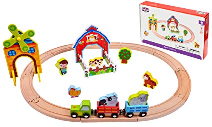 Kidzzy Toys Wooden Farm Train Set, Learning Toy Set with Farm Yard, Tractor Engine, Farmer, Animals, Windmill, Trees and More, 27 Pieces, Compatible with All Major Brands of Magnetic Trains