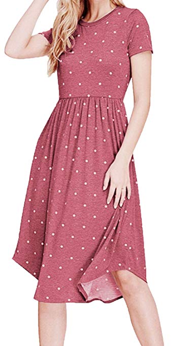 YUNDAI Women's Summer Casual Polka Dot Dresses Short Sleeve Midi Dress with Pockets