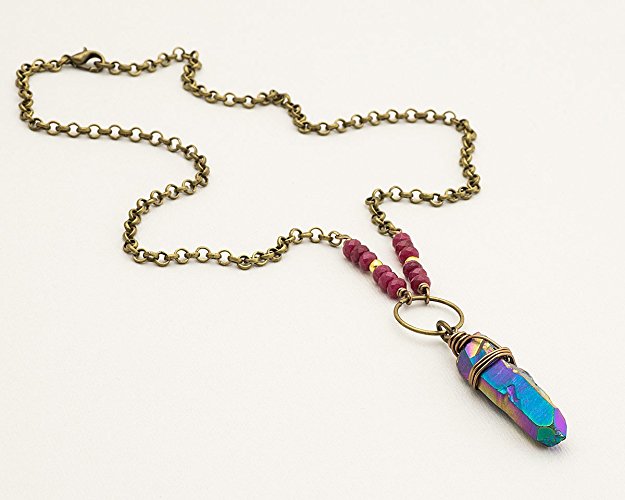 Rainbow iridescent titanium quartz antique bronze delicate boho choker necklace