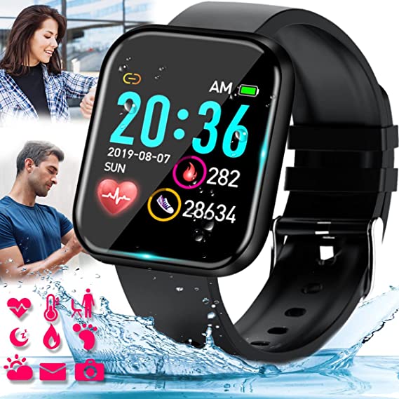 Pradory Smart Watch, Fitness Watch with Heart Rate Monitor, Blood Pressure, IP67 Waterproof Bluetooth Smartwatch Touch Screen Sports Activity Tracker Watch for Android iOS Phones Men Women Black