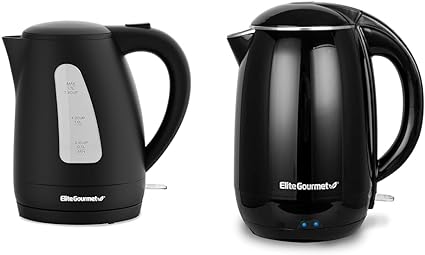 Elite Gourmet EKT8690 1.7L Electric Tea Kettle 1500W Hot Water Heater Boiler BPA-Free & EKT1821 1.8L Double Wall Insulated, Cool-Touch 1500W Kettle w/Stainless Steel Interior & Lid, 360°