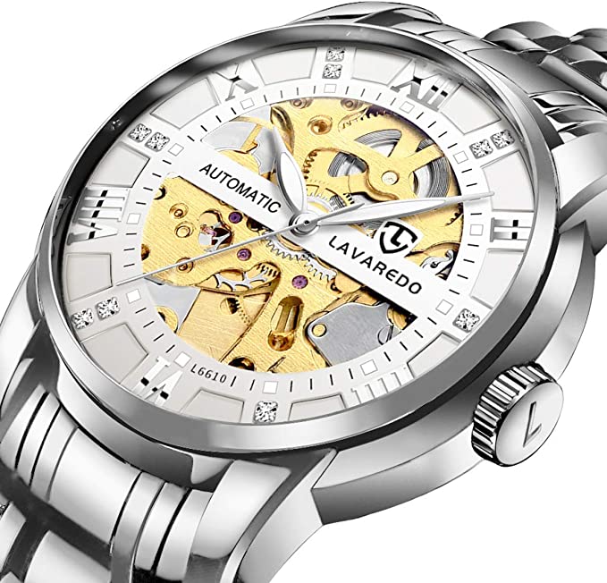 Men’s Watch Mechanical Stainless Steel Skeleton Waterproof Automatic Self-Winding Rome Number Diamond Dial Wrist Watch