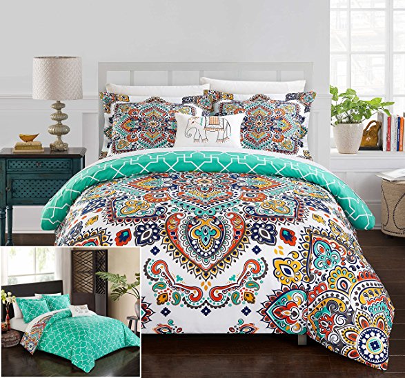 Chic Home 8 Piece Raypur Reversible Boho-inspired print and contemporary geometric patterned technique Queen Bed In a Bag Comforter Set Aqua