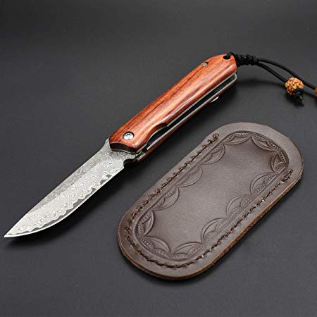 NedFoss Damascus Pocket Knife, Handmade Forged Damascus Steel Folding Knife with PU Leather Sheath, EDC Pocket Knife with Liner Lock and Wood Handle