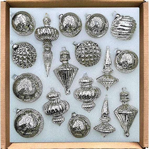 glasburg Christmas Tree Ornaments - Collection of Large Sparkly Mercury Glass Bulbs for Shiny Holiday Trees, Wreaths & Garland - Great for Vintage Looking Decorations - 17 Fancy Assorted Sizes, Silver