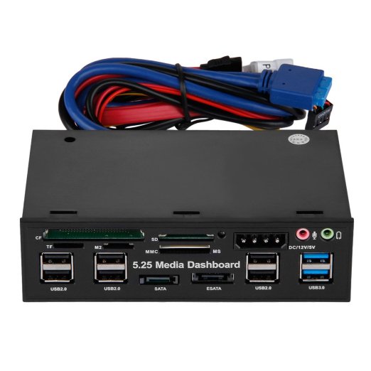 Excelvan 5.25'' Media Dashboard 2-Port USB 3.0 6-Port USB 2.0 Hub USB3.0 20Pin e-SATA SATA Multi-In-1 Internal Card Reader with USB 3.0 Connector Front Panel
