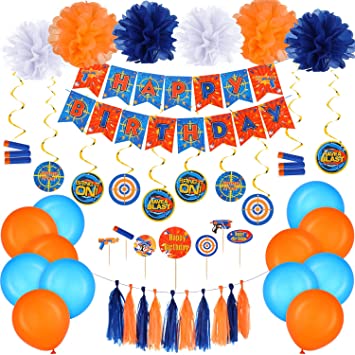 53 Pieces Dart War Happy Birthday Banner Party Decorations Dart Gun Birthday Supplies Paper Flower Pom Pom Hanging Swirls Latex Balloons Tassel Garland Cake Cupcake Topper