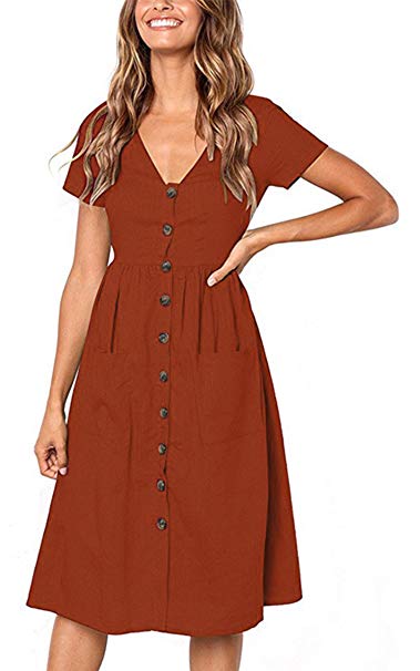 Angashion Women's Dresses-Short Sleeve V Neck Button T Shirt Midi Skater Dress with Pockets