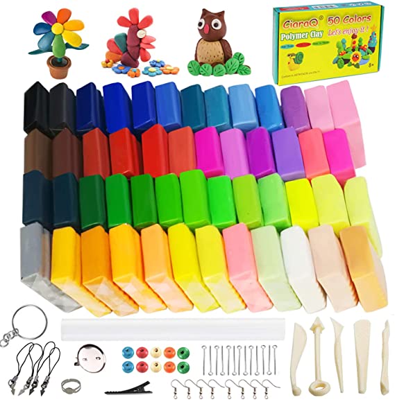 Polymer Clay Starter Kit, 50 Colors Oven Bake Clay with 8 pcs Modeling Tools and 30 Jewelry Accessories, Safe and Nontoxic DIY Baking Clay Blocks Accessories. 20g/Block