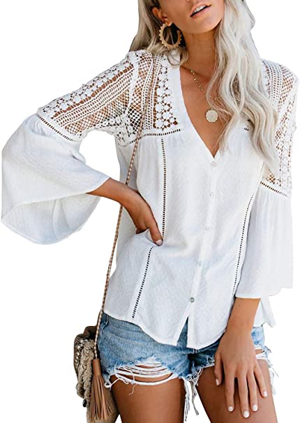 FARYSAYS Women's Lace Crochet V Neck Bell Sleeve Button Down Shirts Casual Loose Blouses Tops