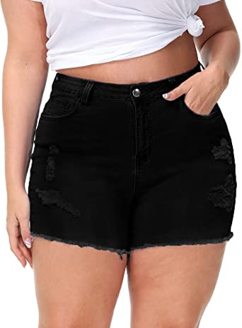 Gboomo Womens Plus Size Denim Shorts High Waisted Stretchy Raw Hem Jean Shorts with Pockets