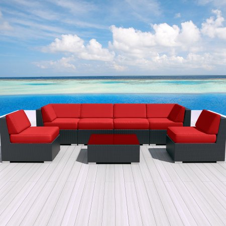 Luxxella Patio Outdoor Wicker Furniture Sunbrella Genuine Collection Bella 7-piece Couch Sectional Sofa Set (Canvas Jockey Red 5403)