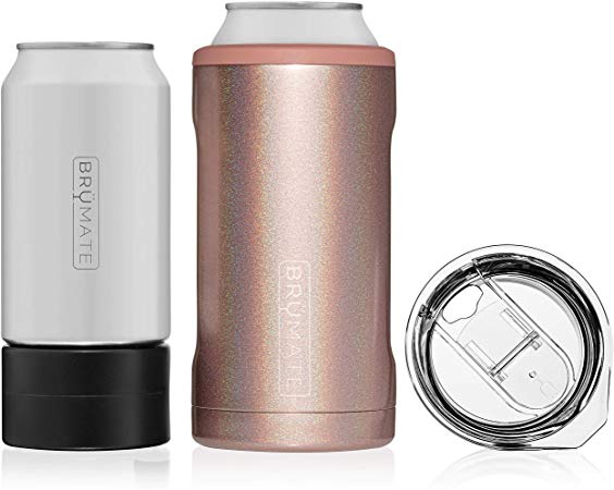 BrüMate HOPSULATOR TRíO 3-in-1 Stainless Steel Insulated Can Cooler, Works With 12 Oz, 16 Oz Cans And As A Pint Glass (Glitter Rose Gold)