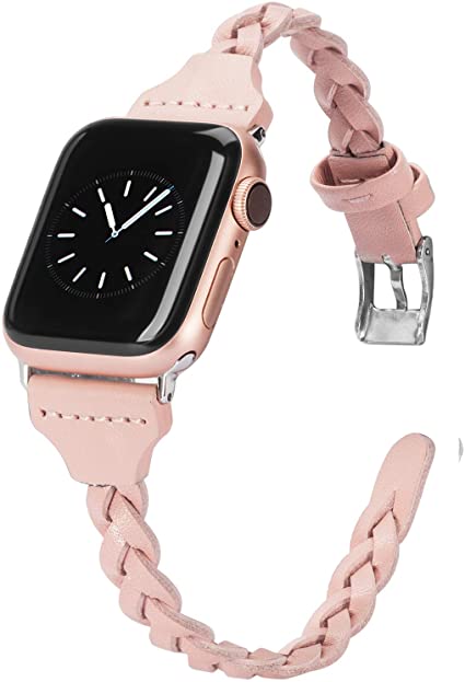 Wearlizer Compatible with Apple Watch Band 38mm iWatch Bands 40mm Plait Style Slim Leather Replacement Wrist Band for iWatch Series 5 4 3 2 1 - Rose Gold Pink